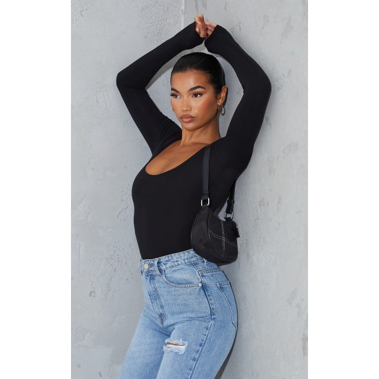 Basic Black Cotton Blend Scoop Neck Long Sleeve Bodysuit Basic Black Cotton Blend Scoop Neck Long Sleeve Bodysuit
