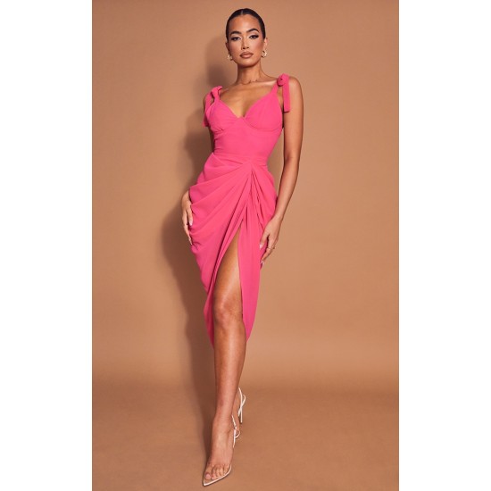 Hot Pink Underwire Detail Draped Midi Dress Hot Pink Underwire Detail Draped Midi Dress