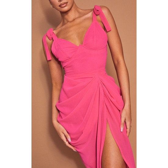 Hot Pink Underwire Detail Draped Midi Dress Hot Pink Underwire Detail Draped Midi Dress