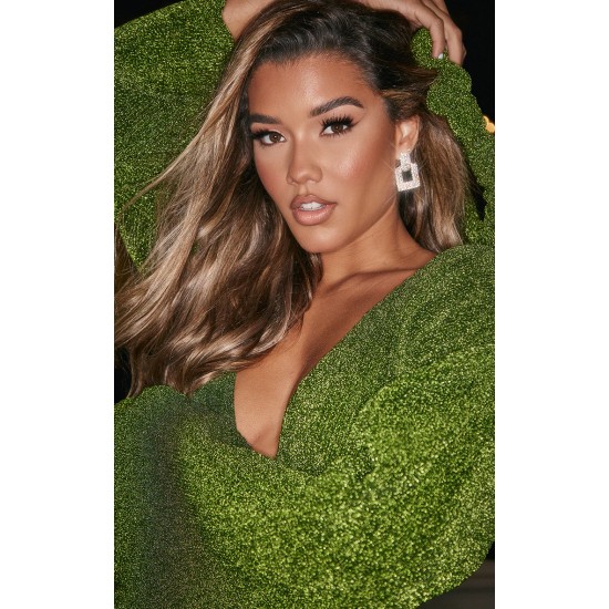 Green Glitter Plisse Flare Sleeve Plunge Romper Green Glitter Plisse Flare Sleeve Plunge Romper