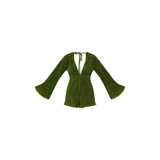 Green Glitter Plisse Flare Sleeve Plunge Romper Green Glitter Plisse Flare Sleeve Plunge Romper