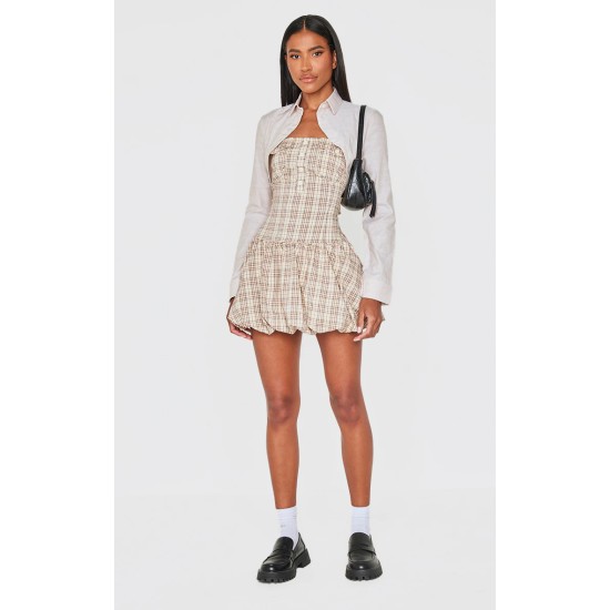 Butter Cream Contrast Pattern Shirt Detail Puffball Dress Butter Cream Contrast Pattern Shirt Detail Puffball Dress