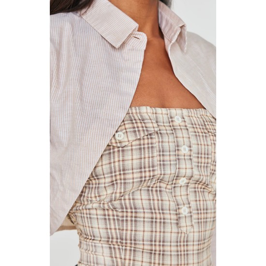 Butter Cream Contrast Pattern Shirt Detail Puffball Dress Butter Cream Contrast Pattern Shirt Detail Puffball Dress