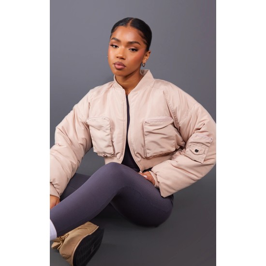 Beige Cropped Ruched Sleeve Utility Pocket Bomber Jacket Beige Cropped Ruched Sleeve Utility Pocket Bomber Jacket