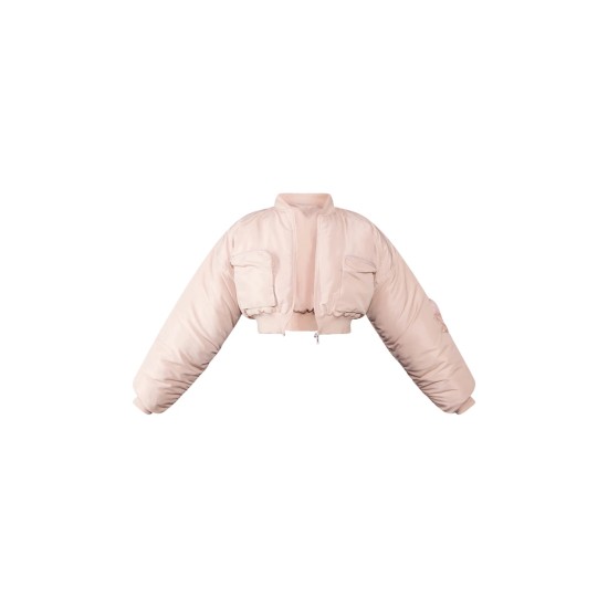 Beige Cropped Ruched Sleeve Utility Pocket Bomber Jacket Beige Cropped Ruched Sleeve Utility Pocket Bomber Jacket
