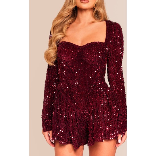 Burgundy Sequin Cup Detail Long Sleeve Skater Romper Burgundy Sequin Cup Detail Long Sleeve Skater Romper