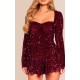 Burgundy Sequin Cup Detail Long Sleeve Skater Romper Burgundy Sequin Cup Detail Long Sleeve Skater Romper