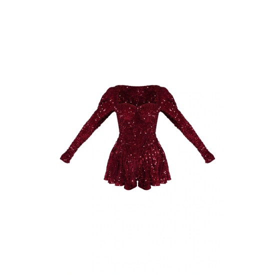 Burgundy Sequin Cup Detail Long Sleeve Skater Romper Burgundy Sequin Cup Detail Long Sleeve Skater Romper