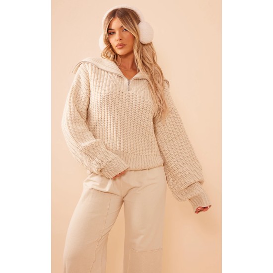 Stone Chunky Knitted Zip Up Oversized Sweater Stone Chunky Knitted Zip Up Oversized Sweater