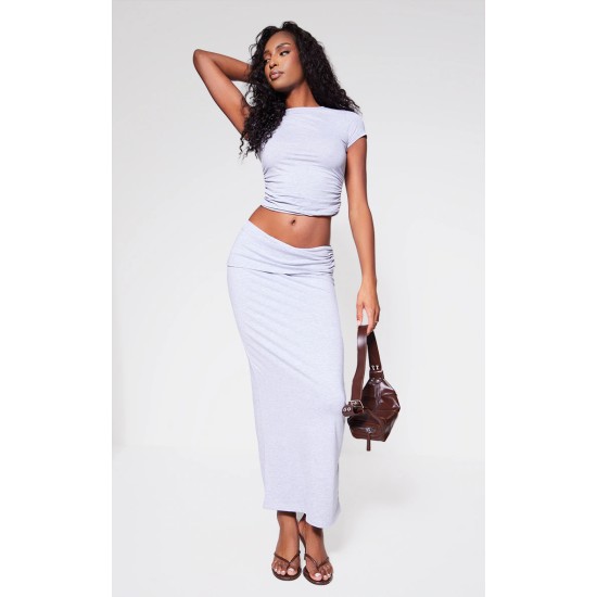 Grey Marl Foldover Cotton Maxi Skirt Grey Marl Foldover Cotton Maxi Skirt