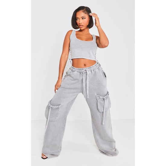 Shape Light Grey Washed Double Waistband Pocket Detail Wide Leg Sweatpants Shape Light Grey Washed Double Waistband Pocket Detail Wide Leg Sweatpants