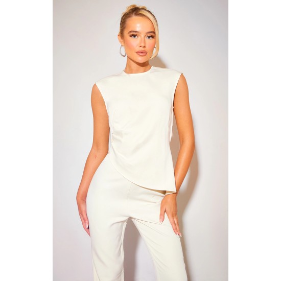 Cream Tailored Side Ruched Asymmetric Hem Longline Top Cream Tailored Side Ruched Asymmetric Hem Longline Top