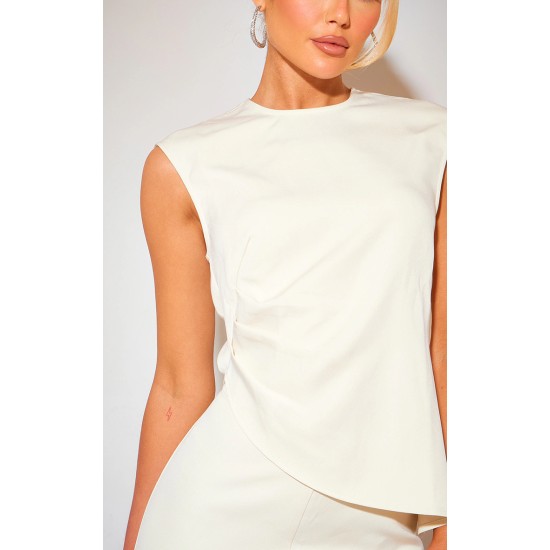 Cream Tailored Side Ruched Asymmetric Hem Longline Top Cream Tailored Side Ruched Asymmetric Hem Longline Top