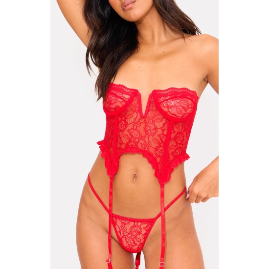 Red Lace Frill Underwired Corset Lingerie Set Red Lace Frill Underwired Corset Lingerie Set