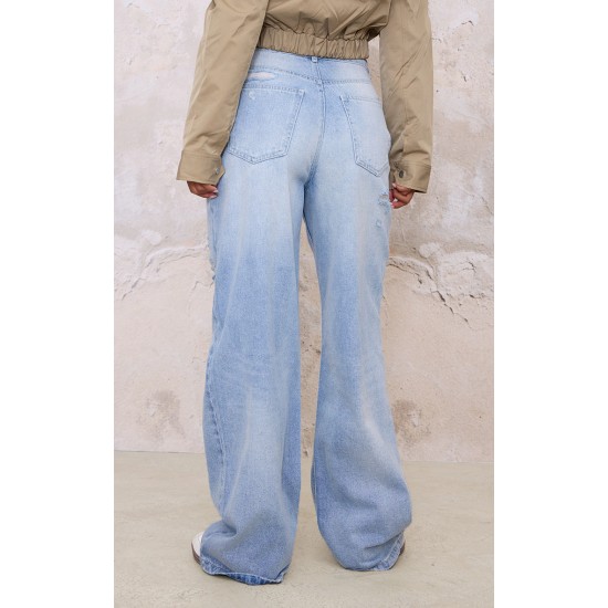 Blue Distressed Detail Straight Leg Jeans Blue Distressed Detail Straight Leg Jeans