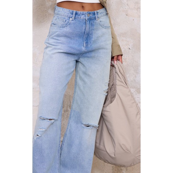 Blue Distressed Detail Straight Leg Jeans Blue Distressed Detail Straight Leg Jeans