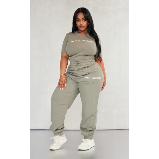 PRETTYLITTLETHING Plus Sage Khaki High Waisted Cuffed Sweatpants PRETTYLITTLETHING Plus Sage Khaki High Waisted Cuffed Sweatpants