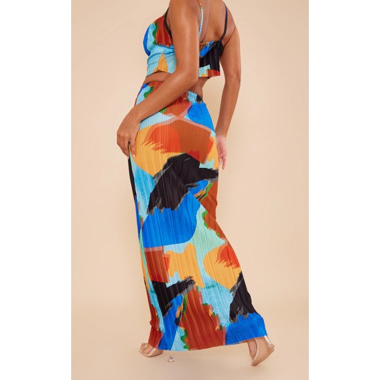 Blue Abstract Print Plisse Maxi Skirt Blue Abstract Print Plisse Maxi Skirt