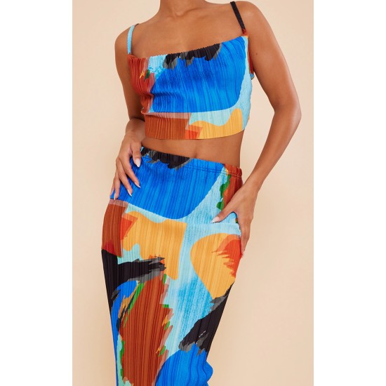 Blue Abstract Print Plisse Maxi Skirt Blue Abstract Print Plisse Maxi Skirt