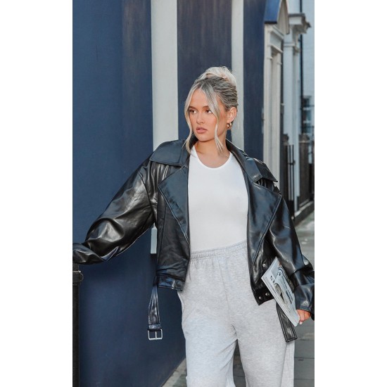 Black Faux Leather Relaxed Fit Belted Biker Jacket Black Faux Leather Relaxed Fit Belted Biker Jacket