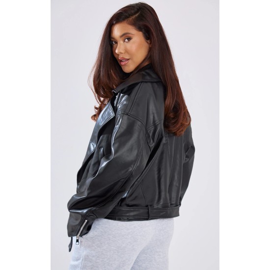 Black Faux Leather Relaxed Fit Belted Biker Jacket Black Faux Leather Relaxed Fit Belted Biker Jacket