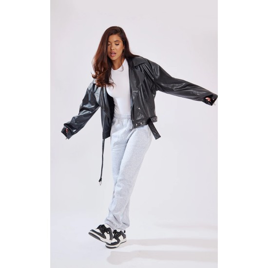 Black Faux Leather Relaxed Fit Belted Biker Jacket Black Faux Leather Relaxed Fit Belted Biker Jacket