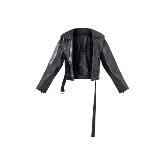 Black Faux Leather Relaxed Fit Belted Biker Jacket Black Faux Leather Relaxed Fit Belted Biker Jacket