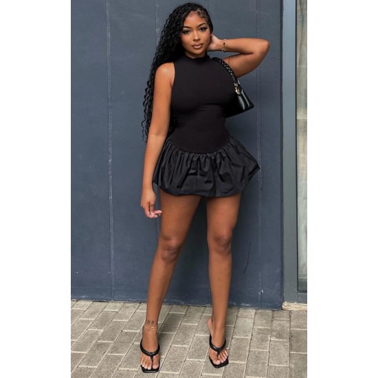 Black Rib Puff Ball Hem Bodycon Dress Black Rib Puff Ball Hem Bodycon Dress