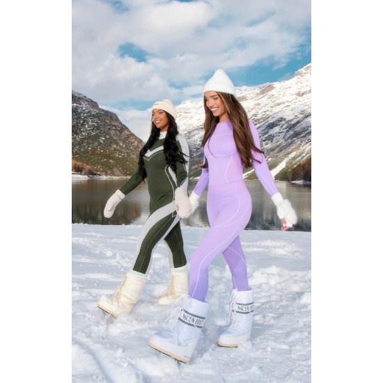 PRETTYLITTLETHING Lilac Ski Seamless Contrast Seam Bodysuit & Leggings Set PRETTYLITTLETHING Lilac Ski Seamless Contrast Seam Bodysuit & Leggings Set