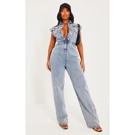 Shape Acid Blue Wash Sleeveless Rigid Denim Jumpsuit Shape Acid Blue Wash Sleeveless Rigid Denim Jumpsuit