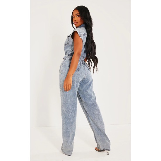 Shape Acid Blue Wash Sleeveless Rigid Denim Jumpsuit Shape Acid Blue Wash Sleeveless Rigid Denim Jumpsuit