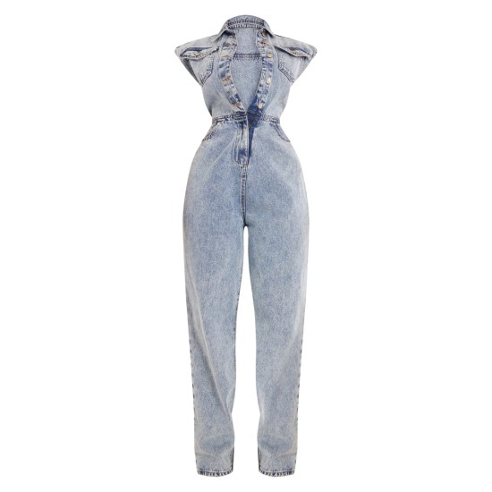 Shape Acid Blue Wash Sleeveless Rigid Denim Jumpsuit Shape Acid Blue Wash Sleeveless Rigid Denim Jumpsuit