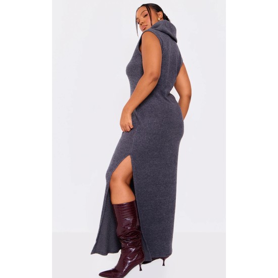 Plus Charcoal Brushed Rib Roll Neck Maxi Dress Plus Charcoal Brushed Rib Roll Neck Maxi Dress