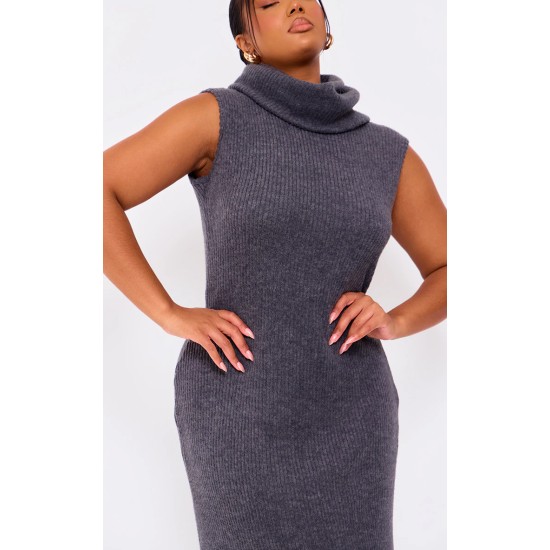 Plus Charcoal Brushed Rib Roll Neck Maxi Dress Plus Charcoal Brushed Rib Roll Neck Maxi Dress