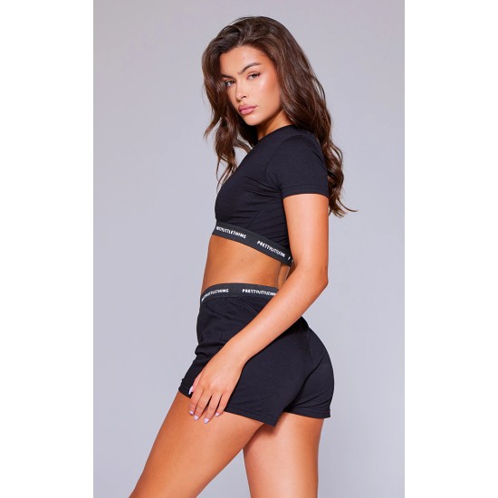 PRETTYLITTLETHING Black Tape Short Sleeve Pj Top PRETTYLITTLETHING Black Tape Short Sleeve Pj Top