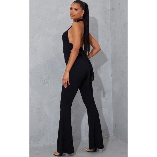 Black Cross Neck Tie Back Rib Jumpsuit Black Cross Neck Tie Back Rib Jumpsuit