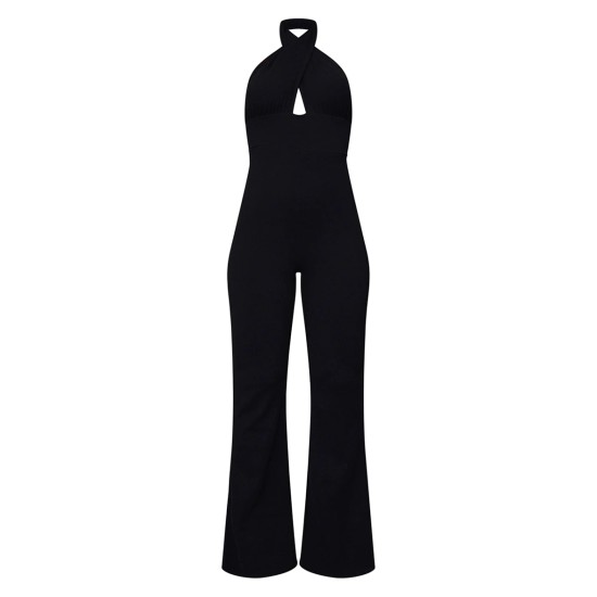 Black Cross Neck Tie Back Rib Jumpsuit Black Cross Neck Tie Back Rib Jumpsuit
