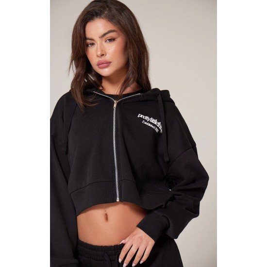 PRETTYLITTLETHING Black Premium Print Zip Front Hoodie PRETTYLITTLETHING Black Premium Print Zip Front Hoodie