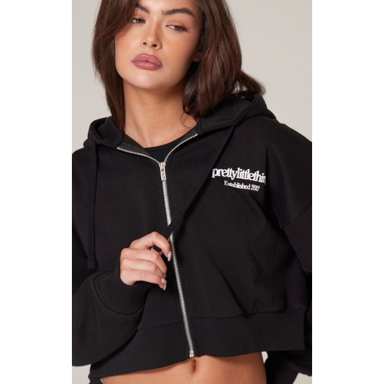 PRETTYLITTLETHING Black Premium Print Zip Front Hoodie PRETTYLITTLETHING Black Premium Print Zip Front Hoodie