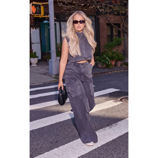 Washed Charcoal Twill Pocket Detail Wide Leg Cargo Pants Washed Charcoal Twill Pocket Detail Wide Leg Cargo Pants