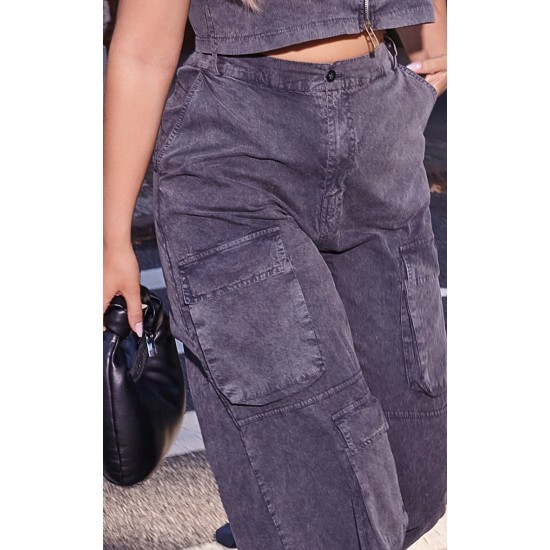 Washed Charcoal Twill Pocket Detail Wide Leg Cargo Pants Washed Charcoal Twill Pocket Detail Wide Leg Cargo Pants
