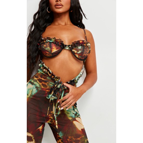 Brown Printed Mesh Cup Detail Cut Out Jumpsuit Brown Printed Mesh Cup Detail Cut Out Jumpsuit
