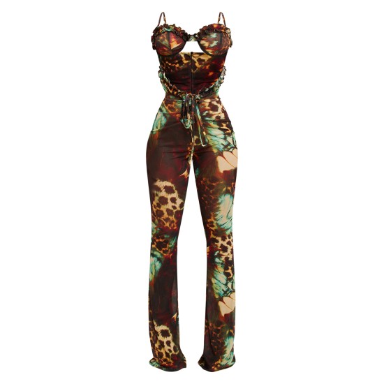 Brown Printed Mesh Cup Detail Cut Out Jumpsuit Brown Printed Mesh Cup Detail Cut Out Jumpsuit