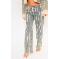 Petite Vintage Wash Fray Detail Lace Up Straight Leg Jeans