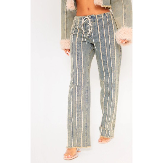 Petite Vintage Wash Fray Detail Lace Up Straight Leg Jeans Petite Vintage Wash Fray Detail Lace Up Straight Leg Jeans