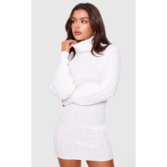 Cream Knitted Roll Neck Sweater Dress Cream Knitted Roll Neck Sweater Dress