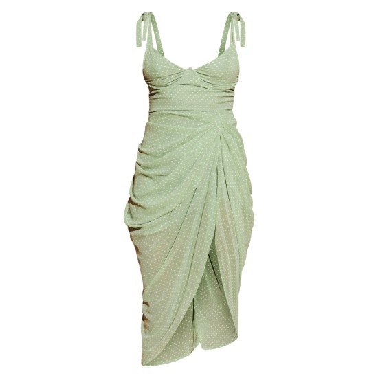 Sage Green Polka Dot Draped Underwire Detail Midi Dress Sage Green Polka Dot Draped Underwire Detail Midi Dress