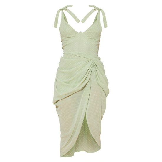 Sage Green Polka Dot Draped Underwire Detail Midi Dress Sage Green Polka Dot Draped Underwire Detail Midi Dress