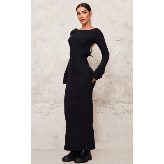 Black Heavy Brushed Rib Tie Back Maxi Dress Black Heavy Brushed Rib Tie Back Maxi Dress
