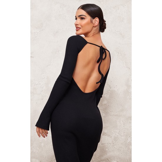Black Heavy Brushed Rib Tie Back Maxi Dress Black Heavy Brushed Rib Tie Back Maxi Dress